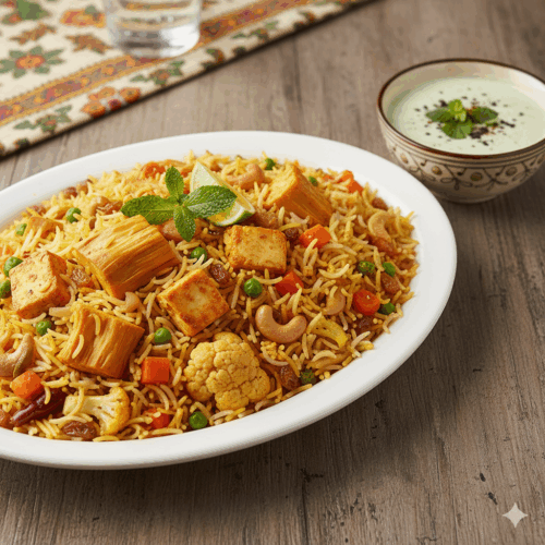 Mughlai Biryani (Jackfruit / Kashmiri Paneer) with Borhani